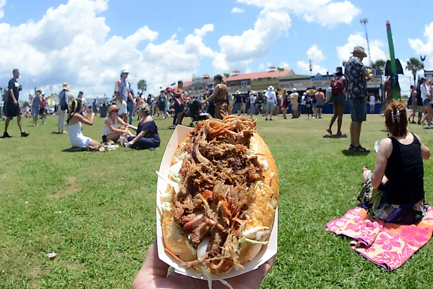 Cochon de lait po' boy sandwich served at the New Orleans Jazz and Heritage Festival in New Orleans, Louisiana
