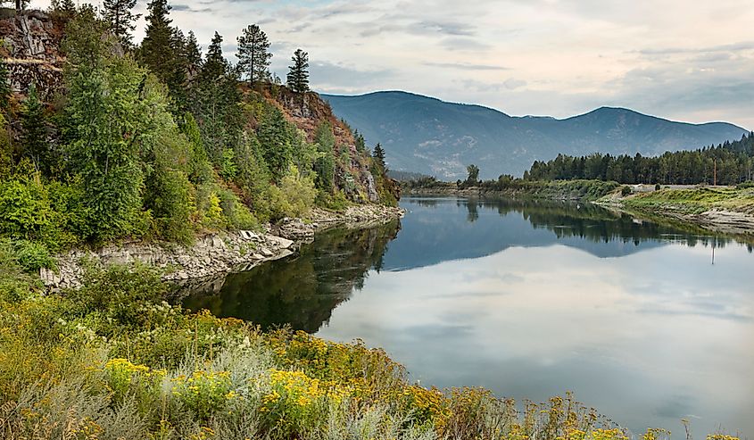 The calm Kootenay River near Bonners Ferry, Idaho.