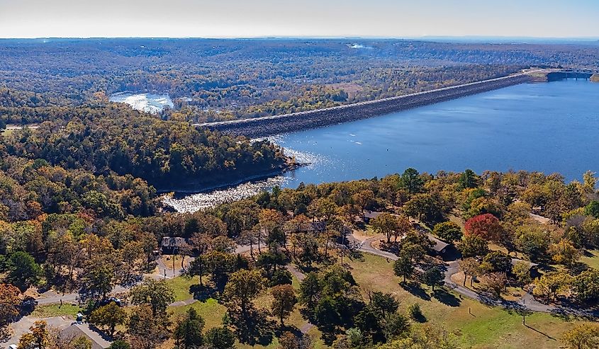 Aerial view of the nature autumn fall color of Tenkiller State Park