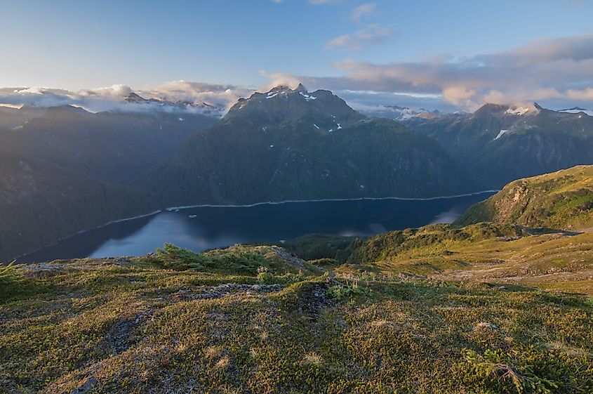 Blue Lake on Baranof Island in Alaska seen from high up on the slope of Bear Mountain