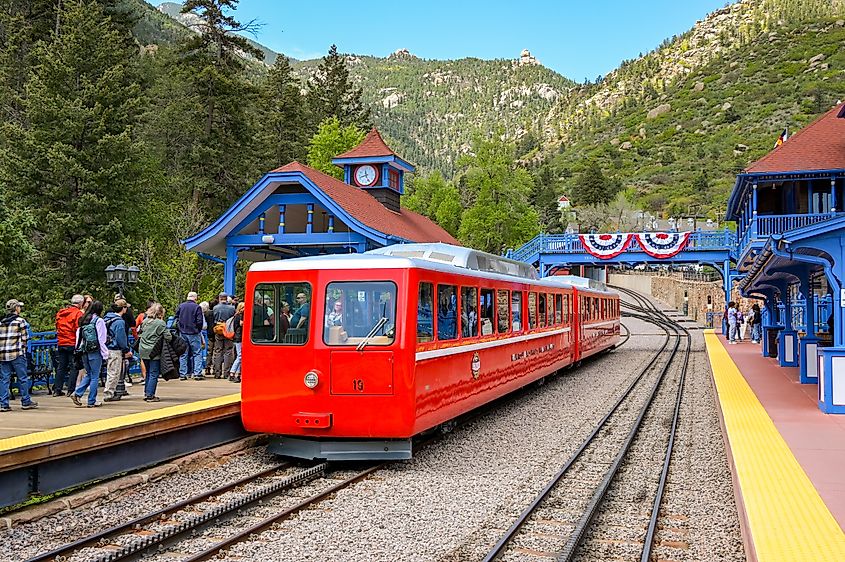 Train on the Manitou and Pike's Peak Cog railway in Manitou Springs, Colorado