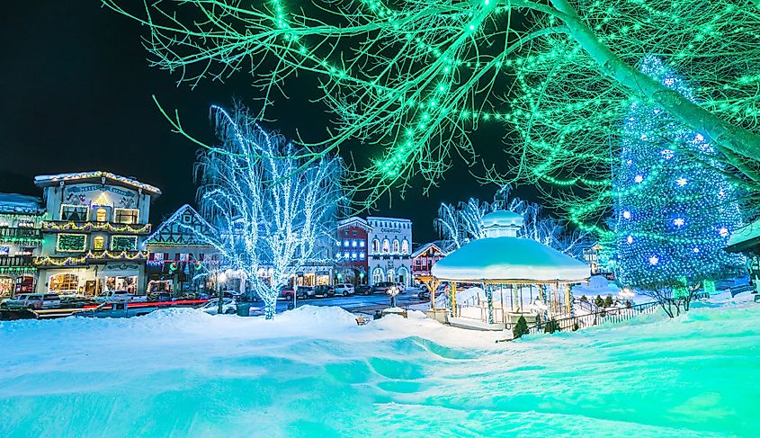 Beautiful Leavenworth with lighting decoration in winter. 