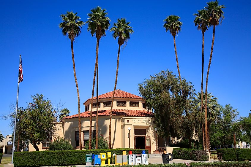 Brawley, California: Front entrance of Spanish Colonial Post office, via Solidago / iStock.com