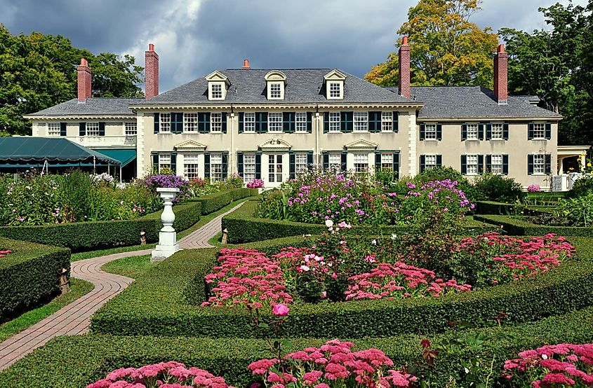 East front of Hildene, Robert Todd Lincoln's 1905 Georgian Revival summer home in Manchester Village, Vermont, with magnificent formal gardens.