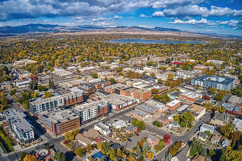 Aerial View of Loveland, Colorado with peak Autumn Colors