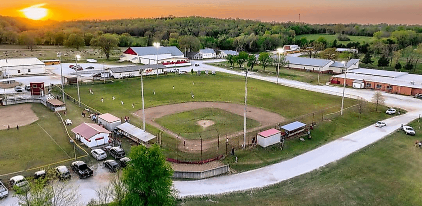 Aerial view of a scenic high school in Lead Hill, Arkansas.