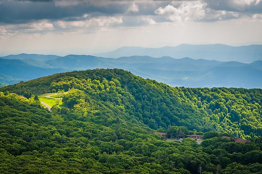 View of Skyland Resort and layers of the Blue Ridge Mountains, from Stony Man Mountain, in Shenandoah National Park, Virginia.