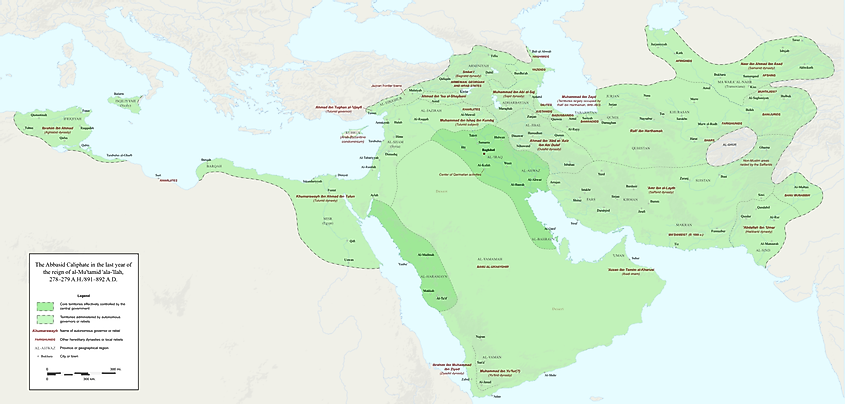 Map of the Abbasid Caliphate at the end of the reign of al-Mu'tamid in 891-892. Dark green denotes provinces under the effective control of the central government; light green denotes provinces under the control of autonomous governors or rebels.