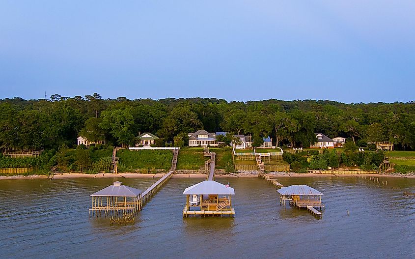 Buildings along the Mobile Bay shore in Daphne, Alabama.