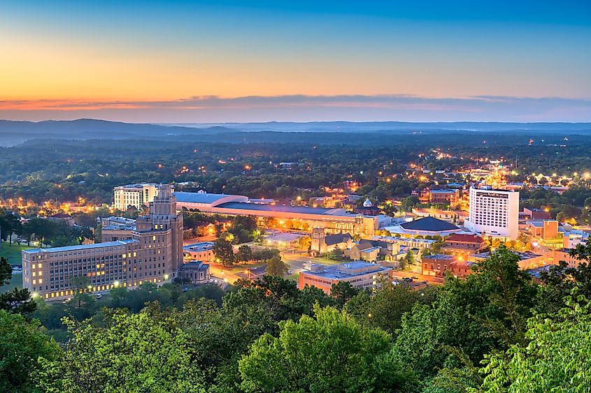 Hot Springs, Arkansas: Town skyline from above at dawn.
