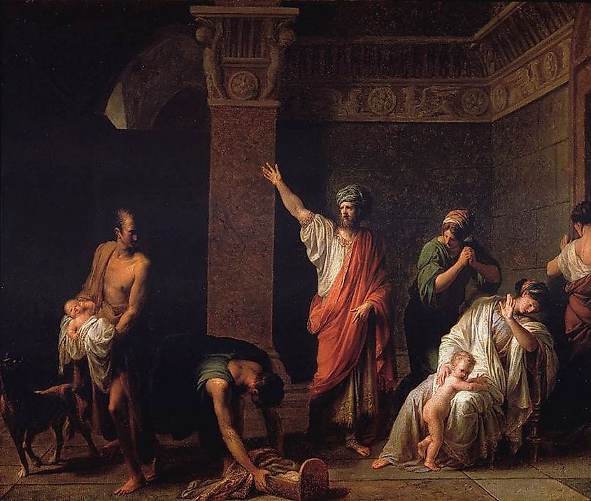 Painting by Jean-Charles Nicaise Perrin of king Astyages sending Harpagus to kill young Cyrus.