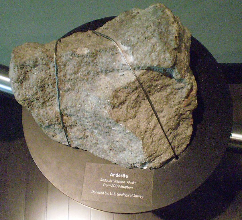A chunk of andesite thrown from Mount Redoubt volcano in 2009 is seen on display at the Anchorage Museum