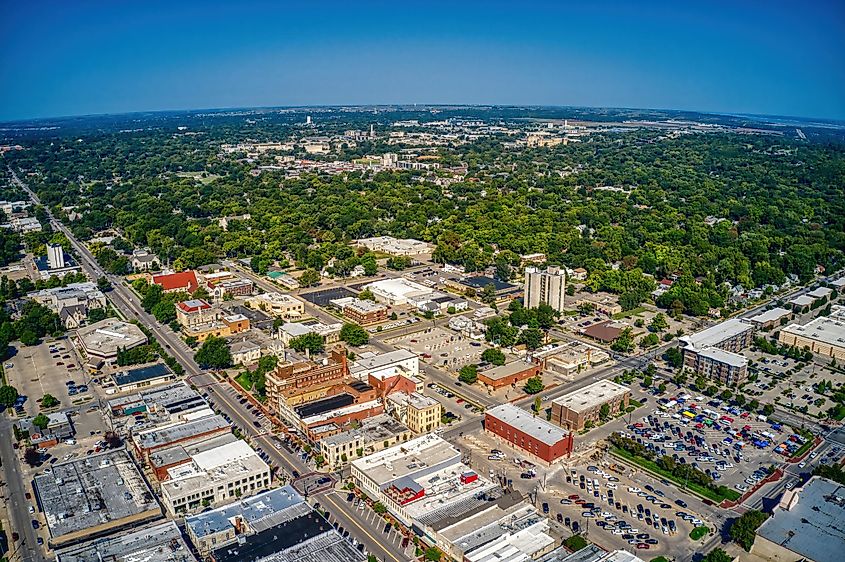 Aerial View of the College Town of Manhattan, Kansas in Summer