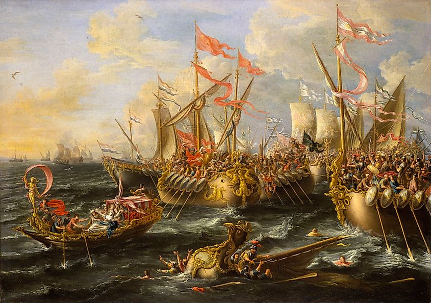 The Battle of Actium, painted by Laureys a Castro in 1672 and displayed at the National Maritime Museum, London.