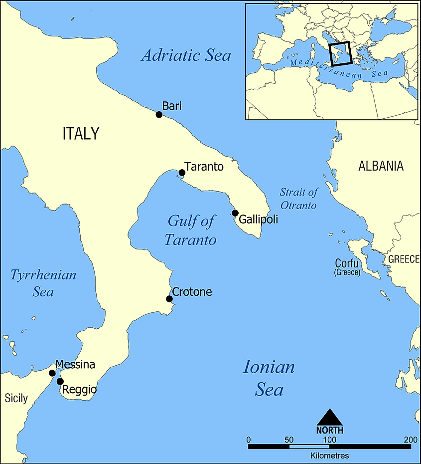 Map showing the location of the Gulf of Taranto.