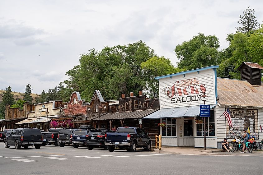 Street view of downtown Winthrop, a small wild west themed town in the Cascade Mountains of Washington State.