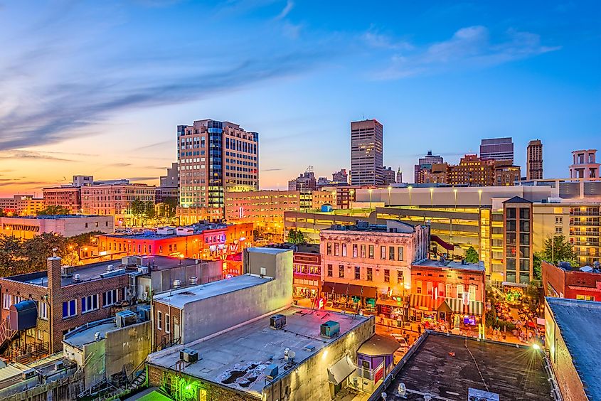 Memphis, Tennesse, USA downtown cityscape at dusk over Beale Street.