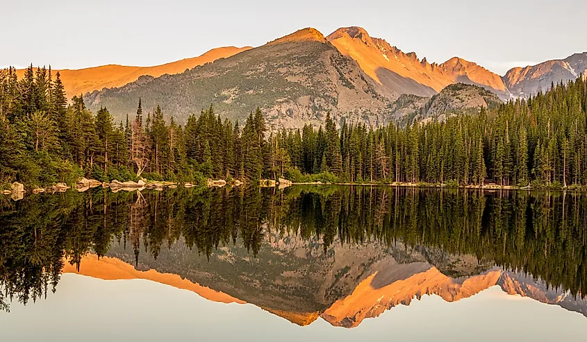 Sunset lake reflection of mountains at Bear Lake in Rocky Mountain National Park, Colorado.