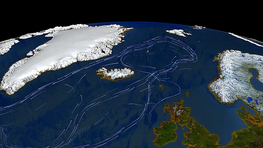 Gulf Stream. System of warm currents in the North Atlantic. 3d rendering. Via Shutterstock / Antrakt2