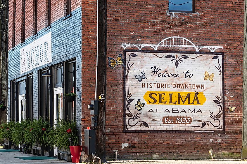 Selma, Alabama, USA-March 1, 2022: Welcome to Selma mural painted on the side of a brick building in the historic district of downtown Selma.