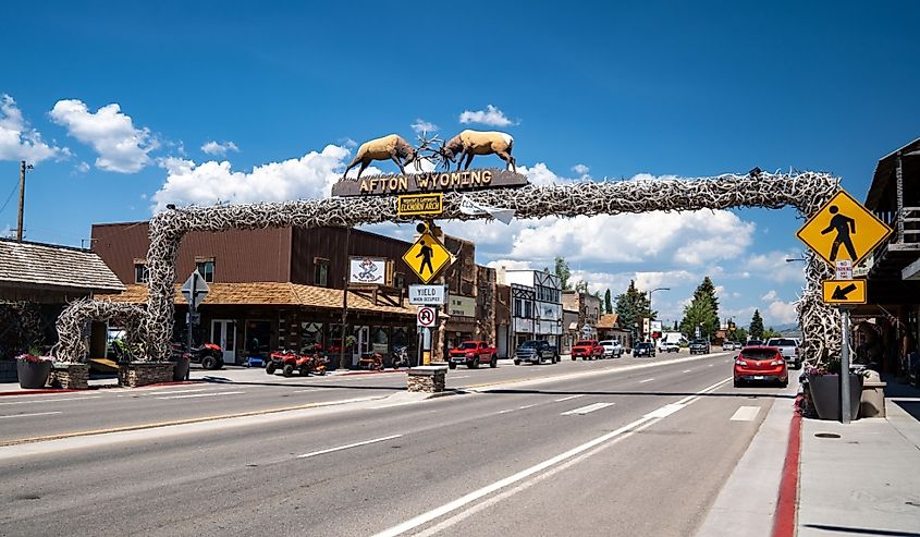 Famous elk antler arch in the downtown area of the town in the Star Valley of Wyoming