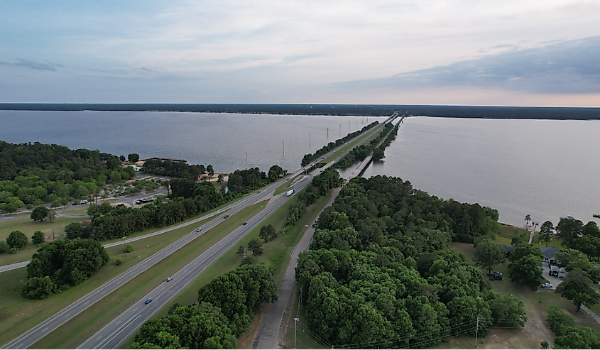 Aerial views from over Interstate 95 at Lake Marion in Santee, South Carolina