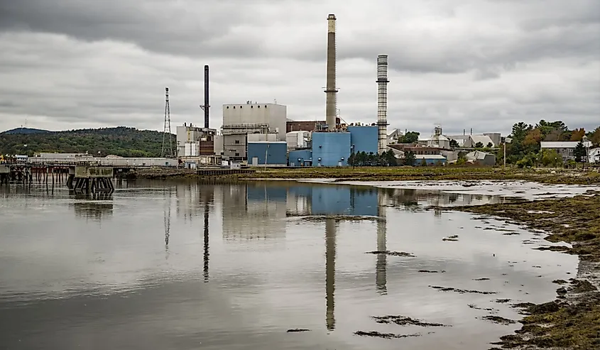 Paper mill factory in the bay of Bucksport, Maine