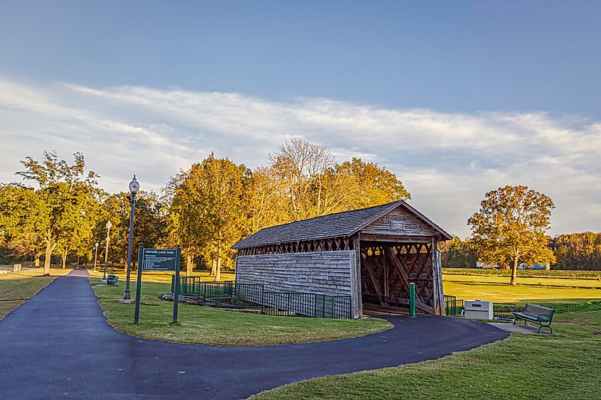 The Coldwater Covered Bridge at Oxford Lake Park in Oxford, Alabama