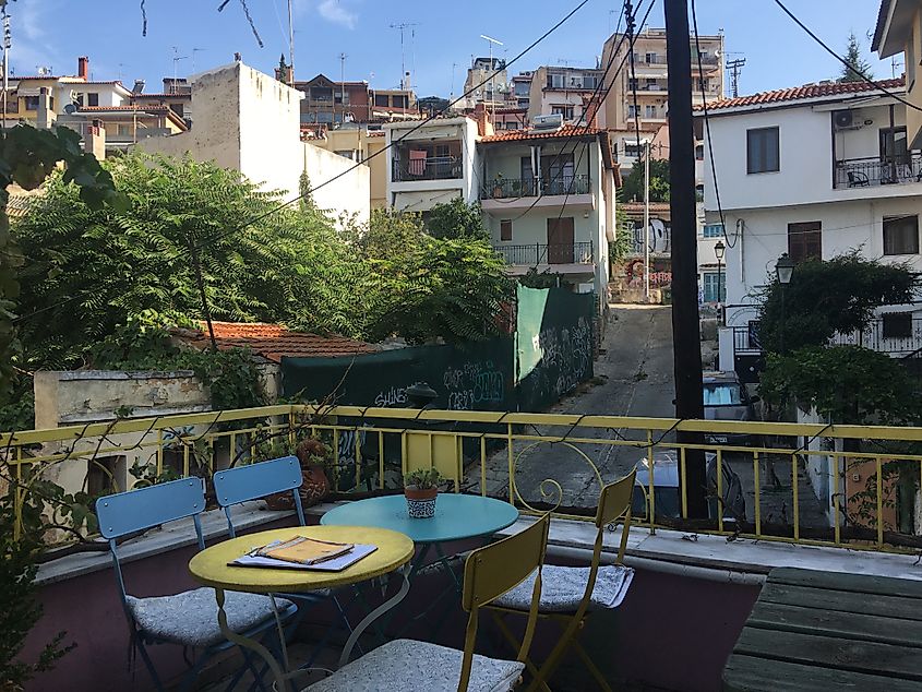 A roof top cafe overlooking the rustic and undiscovered Old Town of Thessaloniki, Greece.
