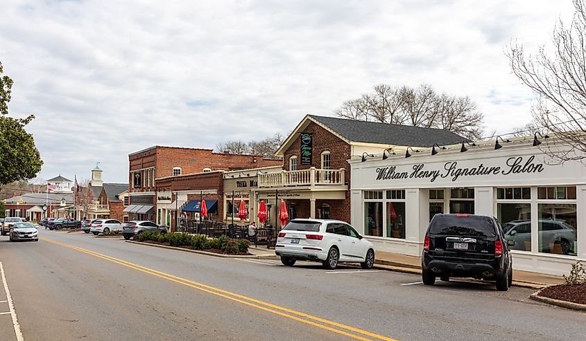 McAdenville, NC, USA- 8 March 2022: Wide angle of Main Street.