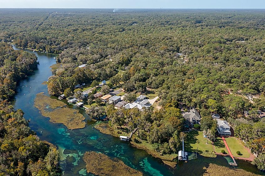 Aerial view of Rainbow River in Dunnellon, Florida.