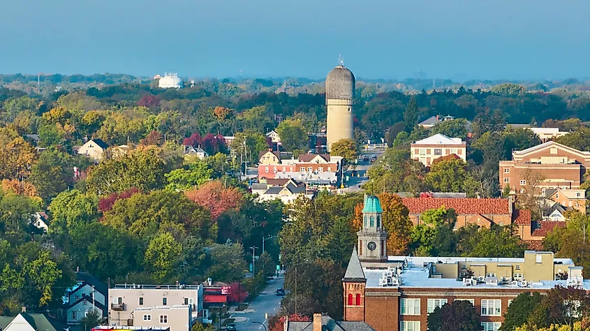 Aerial Autumn view of Ypsilanti with Historic Water Tower