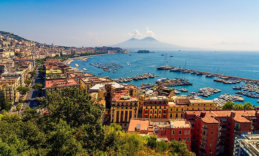 Panoramic view over Naples and harbour with Mount Vesuvius in Naples,
