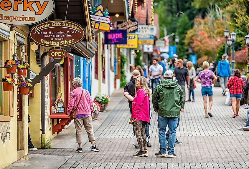 The downtown area of Helen, Georgia, busy with tourists. Image credit: Kristi Blokhin / Shutterstock.com