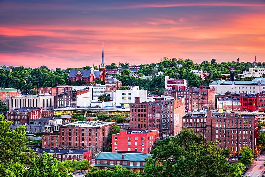 Downtown city skyline of Lynchburg, Virginia, USA at dusk.