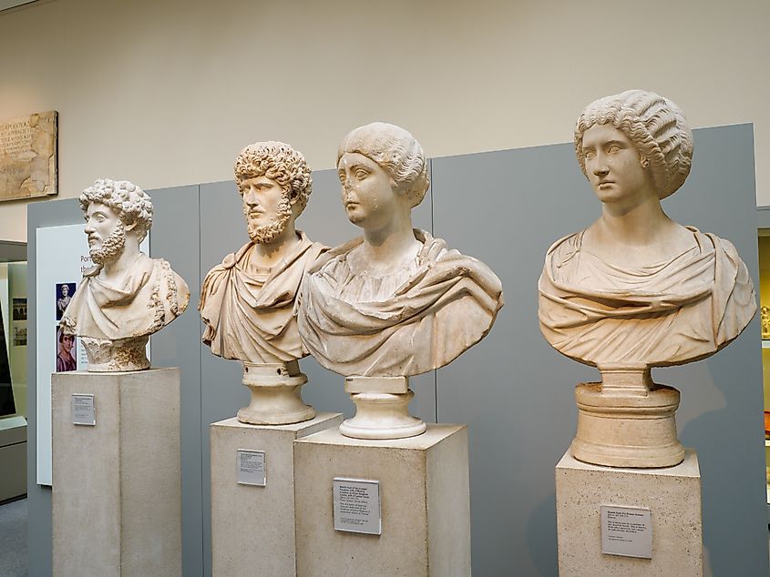 Marble busts of Roman emperors and elites exhibited in the British Museum.