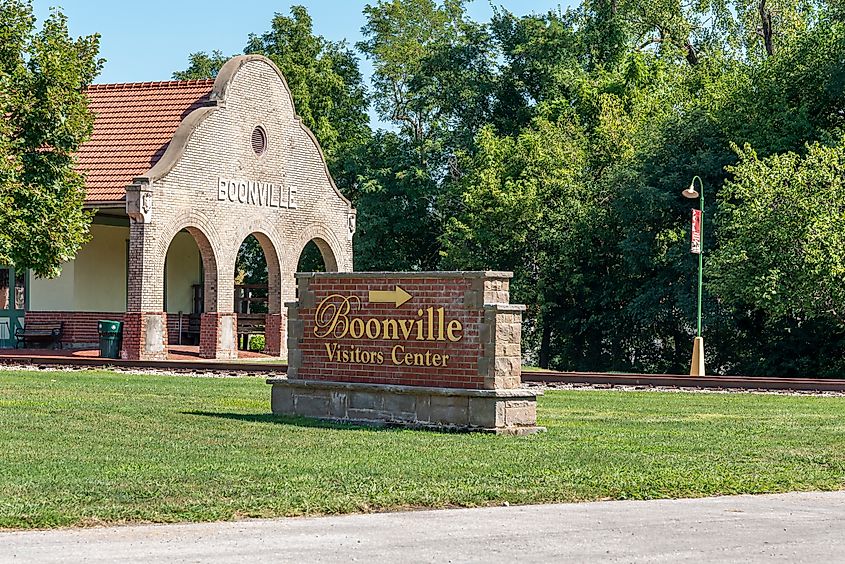 Boonville Visitor Center sign in Boonville, Missouri. Editorial credit: APN Photography / Shutterstock.com.
