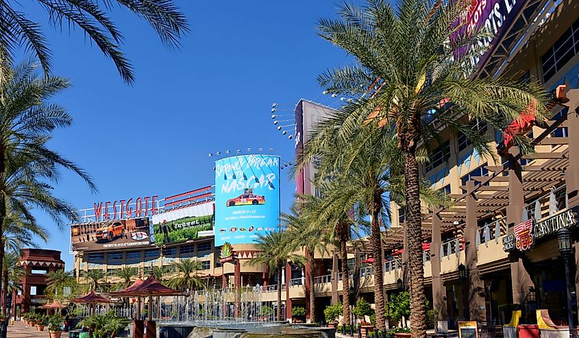 A portion of the central court of the Westgate Entertainment District which houses the Gila River Arena, home of the NHL team Arizona Coyotes