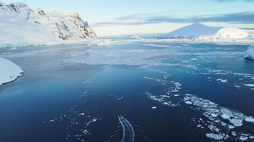 Motorboat in the Southern Ocean, Antarctica.