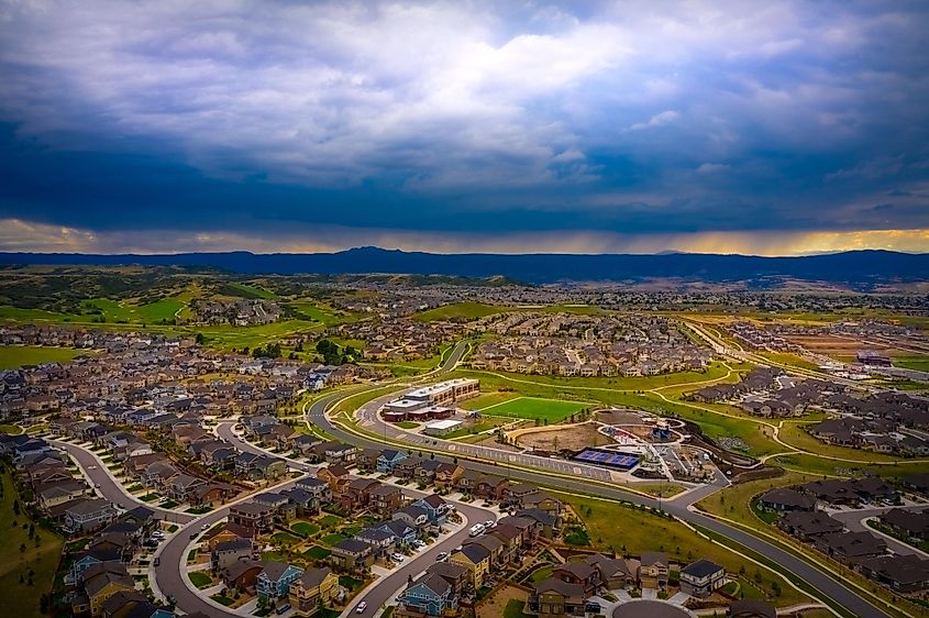 A stormy afternoon sky in Castle Rock, Colorado over suburban neighborhood