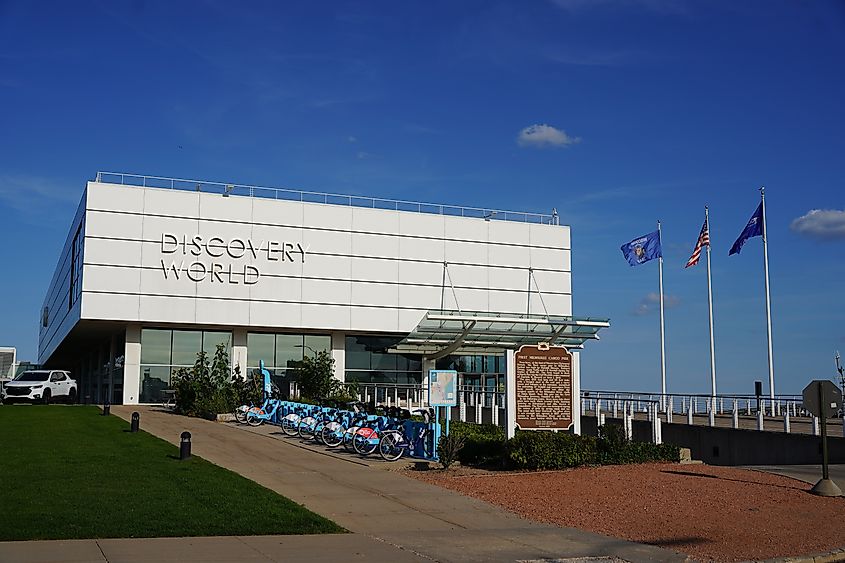 Editorial Photo Credit: Aaron of L.A. Photography via Shutterstock. Milwaukee, Wisconsin USA - September 05, 2022: Building of Discovery World Science Museum. 