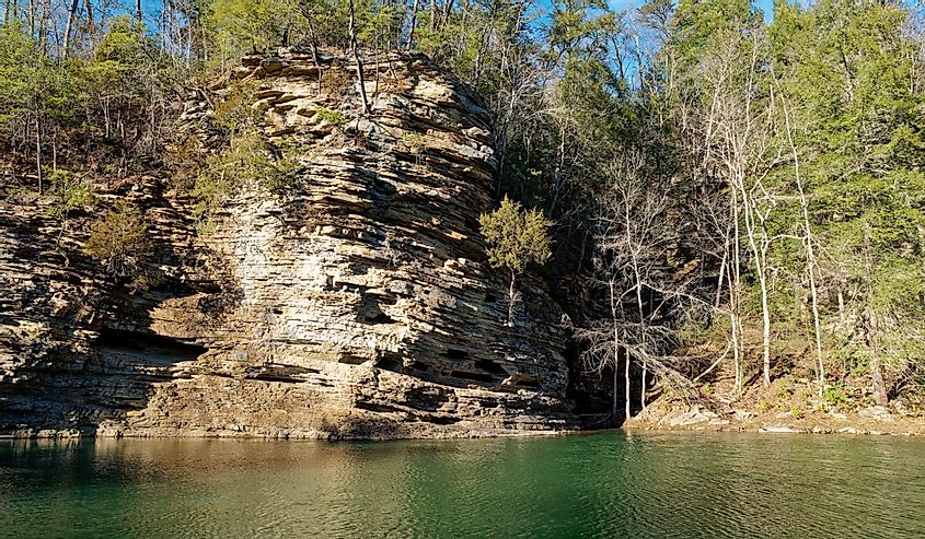 Layers of rock formed into a bluff with small caves and trees growing from the rock wall along the river on a sunny day in wintertime