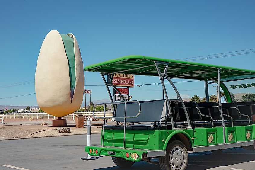 World's largest pistachio roadside attraction alongside farm tour bus at McGinn's PistachioLand in New Mexico.