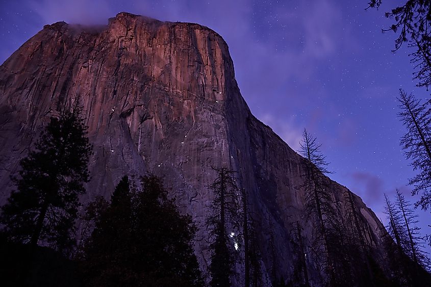 Lights of climbers on El Capitan.