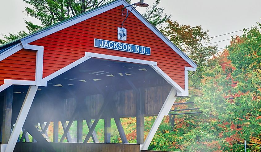 Jackson Covered Bridge in New Hampshire, foliage season colors.