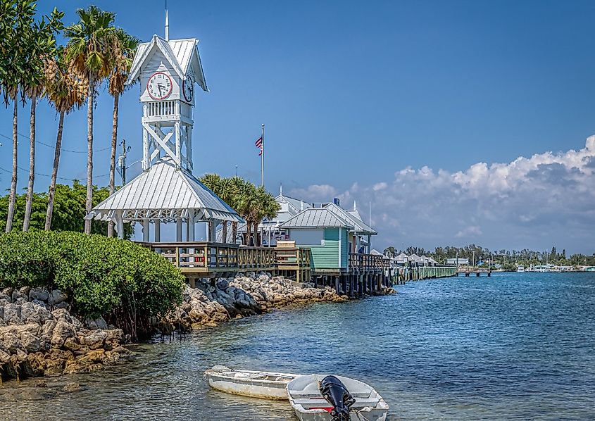 Bradenton beach city pier on Anna Maria Island in Florida on the water with boats