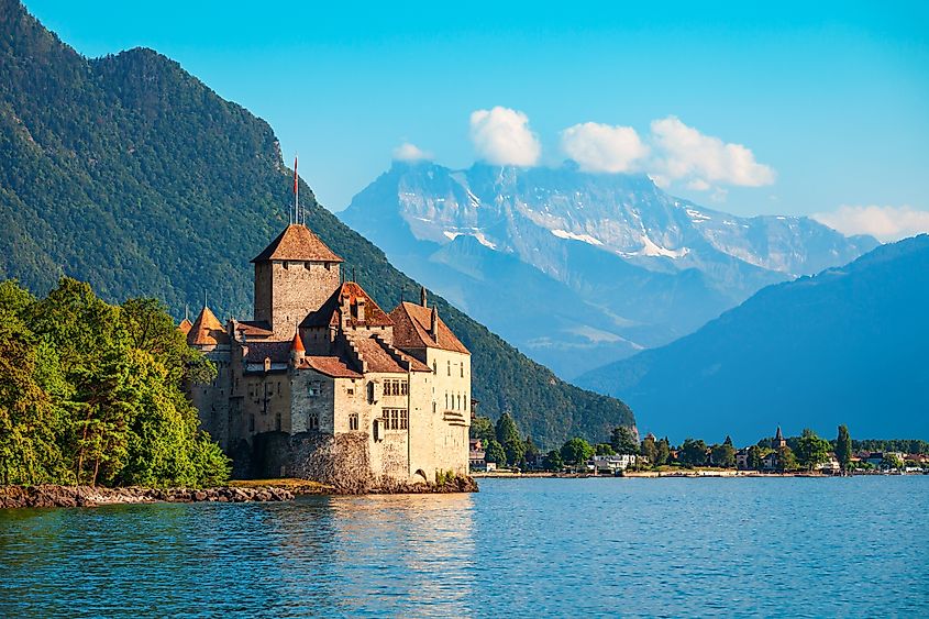 Chillon Castle or Chateau de Chillon is an island castle located on Lake Geneva near Montreux town in Switzerland.