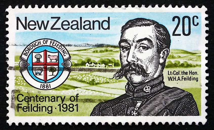 A stamp commemorating Henry A Feilding and the Feilding Borough in Feilding, New Zealand