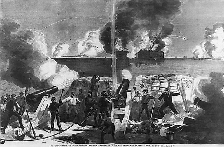 Black and white depiction of the “Bombardment of Fort Sumter by the batteries of the Confederate states,” 1861