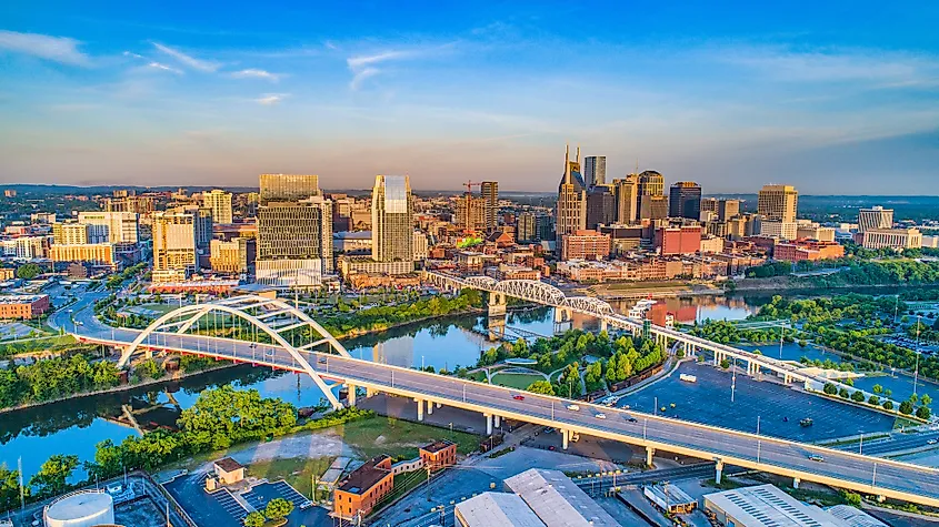 Downtown Nashville, Tennessee, along the Cumberland River.